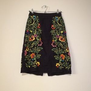 Anthropologie Navy Linen Embroidered Skirt